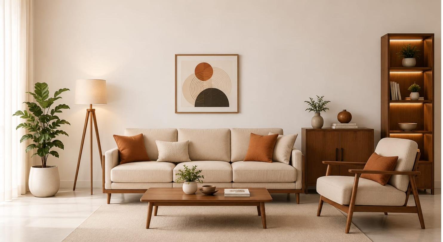 Raja Furniture showroom living room with premium sofa and warm wood interiors